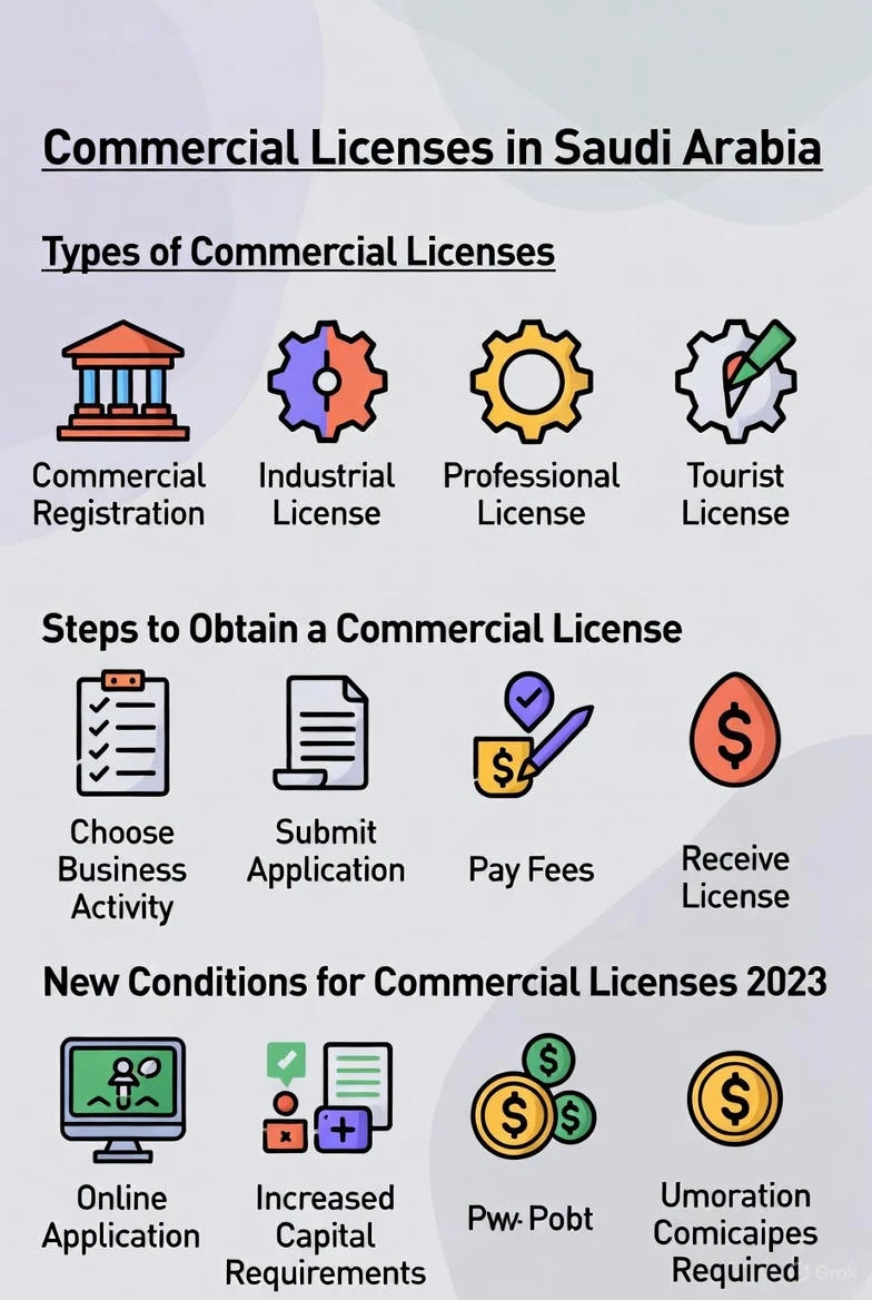 التراخيص التجارية في السعودية : أنواعها، خطوات الإصدار، والشروط الجديدة.